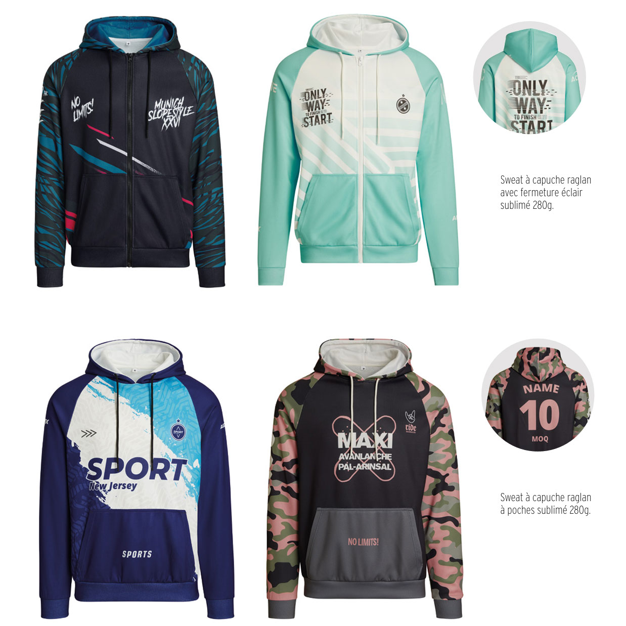 Sweats à impression complète personnalisés avec design intégral, réalisés par Influence13 pour marques, clubs et événements.